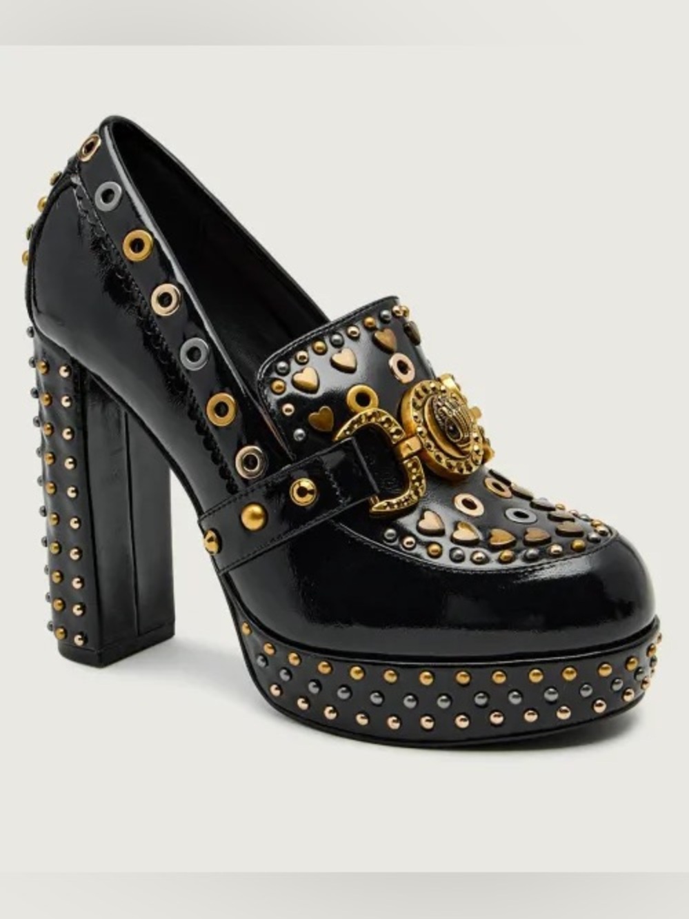 NWT Kurt Geiger Black Patent Loafers with Gold Heart Stud & Grommet Detail Sz 40 - Picture 2 of 15